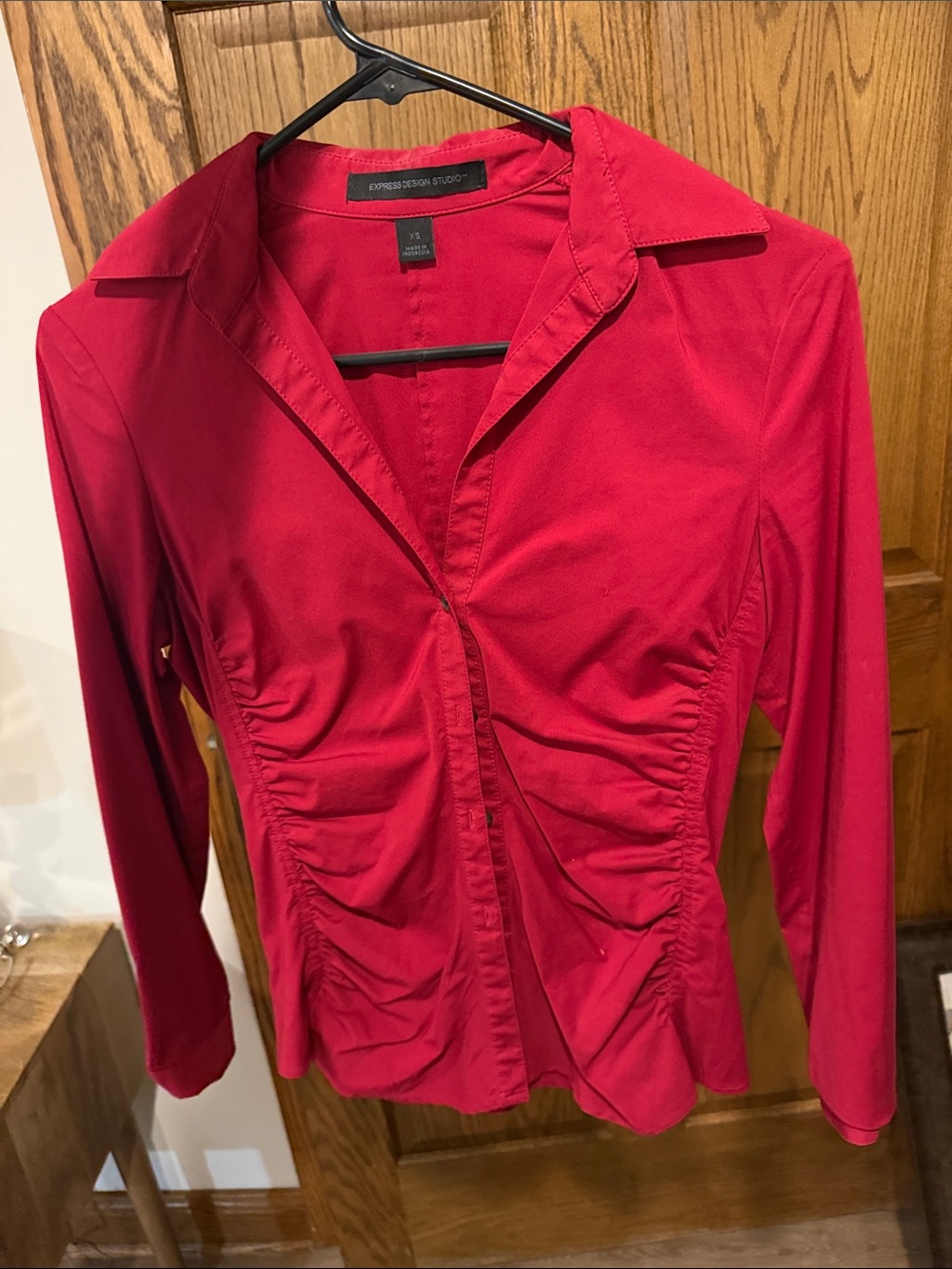 Express Red Ruched Button-Down Blouse
